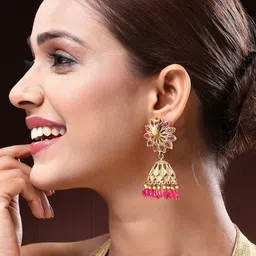 ADIVA Gold-Plated Artificial Stones Studded And Beaded Antique Peacock Shaped Jhumkas-5
