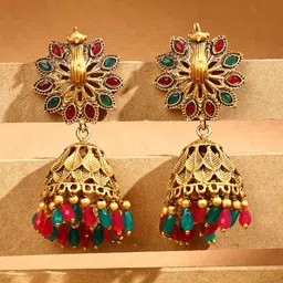 ADIVA Gold-Plated Artificial Stones Studded And Beaded Antique Peacock Shaped Jhumkas-4
