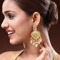 ADIVA Gold-Plated Artificial Stones Studded And Beaded Antique Floral Shaped Drop Earrings-48