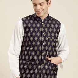 SOJANYA Men Navy Blue & Golden Ethnic Motifs Jacquard Woven Design Nehru Jacket-50