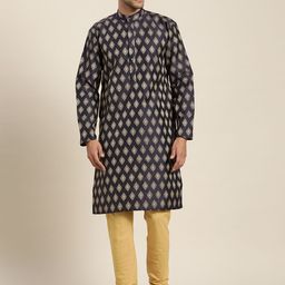 SOJANYA Men Navy Blue & Golden Jacquard Woven Design Kurta-image-40