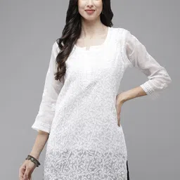 ADA White Hand Embroidered Chikankari Kota Kurti With Matching Slip-picture-29