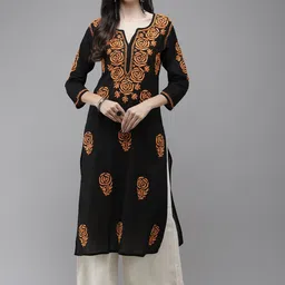 ADA Women Black & Orange Ethnic Motifs Embroidered Thread Work Handloom Handloom Kurta-25