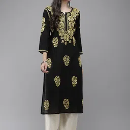 ADA Women Black & Yellow Ethnic Motifs Embroidered Thread Work Handloom Handloom Kurta-picture-39