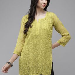 ADA Lime Green & Lime Green Hand Embroidered Chikankari Kota Kurti With Matching Slip-picture-0