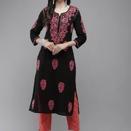 ADA Women Black & Pink Ethnic Motifs Embroidered Thread Work Handloom Kurta-15