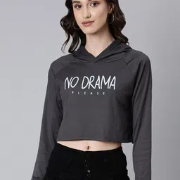 SHOWOFF Typography Printed Hooded Boxy Crop Cotton  T-shirt-image-94
