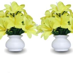 Artificial YELLOW Lily Flower Bunch in Ceramic Vase – Elegant Home Décor Yellow Peace Lily Artificial Flower-image-1