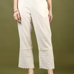 Women Straight Fit White Cotton Blend Trousers-image-1