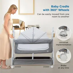 meemee Manual Swing Cradle for Baby with Mosquito Net & Mattress Pad and Wheel Lock image 2