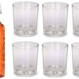 Bottle & 6 Glass Serving Lemon Set, Orange, Clear, Glass - A573 Jug Bottle Glass Set-image-58