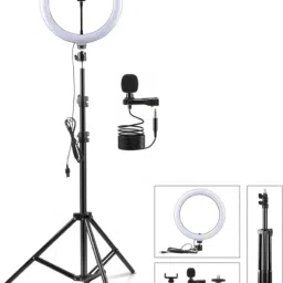NUVIO 10" Selfie LED Light, Phn Holder, 7Ft Long Stand,360'5m long collar mic-kit Tripod Kit-image-34