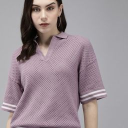 roadster Casual Regular Sleeves Self Design Women Purple Top-picture-41