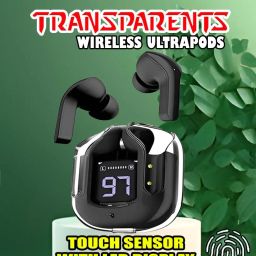 crecro Ultrapod Bluetooth Earbuds Headset Crystal Transparent Design,LED Display BK15 Smart Headphones-image-61