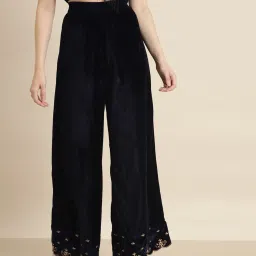 Women Relaxed Dark Blue Velvet Trousers-image-18