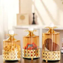 aarvi decor studio Set of 3 Glass and Matel Quick Shop CrownLuxe Jar Containers-picture-5
