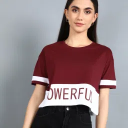 Printed Women Round Neck Cotton Blend Maroon T-Shirt-image-50