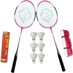 GR-300 Strung Badminton Racket Set OF 2 PCS WITH 6 feather SHUTTLECOCK 1 net Multicolor Strung Badminton Racquet-5