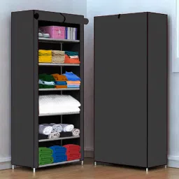 1 Door 6 Shelf Fabric Carbon Steel PP PP Collapsible Wardrobe-13