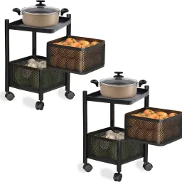 Pack of 2 Revolving 2-Layer Multipurpose Storage Rack with Wheels | Black Iron Kitchen Trolley-73