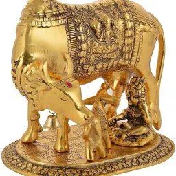 Kamdhenu Cow and Calf with Krishna Idol Hindu Figurine for Home Temple Decorative Showpiece-14 cm-image-5