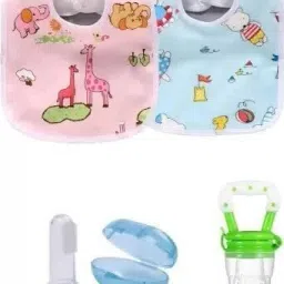 Feeding & Cleaning Combo Green Feeder, Finger Toothbrush & 2 Waterproof Bibs - SILICON-11