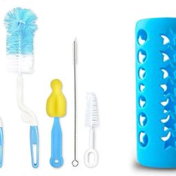 Baby Feeding Bottle Cover/ Bottle Cleaning Brush, Blue -Combo "- Bottle cover-silicone Cleaning kit-Plastic-image-36