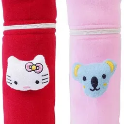 Soft Plush Stretchable Baby Feeding Bottle Cover Easy to Hold Strap and Zip|Suitable for 130 ML-250 ML Feeding Bottle-Light Pink-Dark Red-image-79