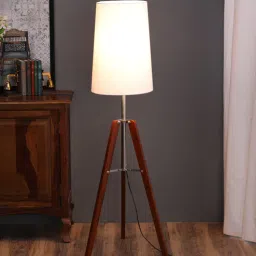 pristine interiors White Fabric Shade Tripod Floor Lamp With Brown Base-picture-5