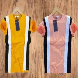 Pack of 2 Men Colorblock Round Neck Polyester Yellow, Pink T-Shirt-picture-17