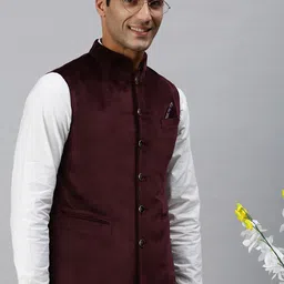 SHOWOFF Men Burgundy Solid Nehru Jacket With Pocket Sqaure-47