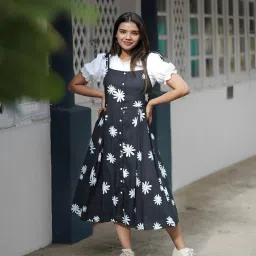 Women Fit and Flare Black, White Midi/Calf Length Dress-image-25
