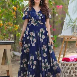 Women Fit and Flare Dark Blue, Brown, White Maxi/Full Length Dress-image-23