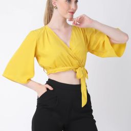 Casual Flared Sleeves Solid Women Yellow Top-image-57