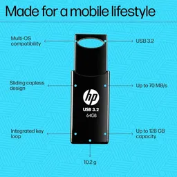 HP 712W 64GB USB 3.2 Flash Drive (Built-in Keyring Loop, 7Z375AA, Black) image 2