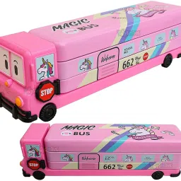 Cartoon Printed School Bus Matal Pencil Box with Moving Tyres for Kids - Pink-image-59