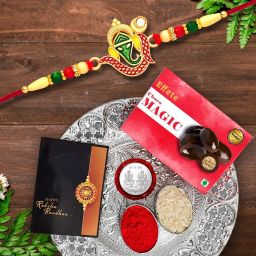 Designer Rakhi Combo Gift Set for Brother |Choco Magic 32Gm|Chocolate|Y22K1_309_CM32+DS Assorted Rakhi, Chawal Roli Pack, Greeting Card, Coins, Thali Set-image-80