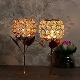 Gold Plated Crystal Colour tealight Candle Holder - Candle Holder Decorations Yellow Metal Hanging Lantern-picture-2