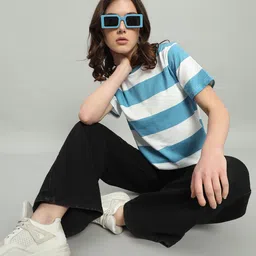 the dry state Women Printed Round Neck Pure Cotton Blue, White T-Shirt-picture-2
