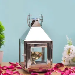 Akhand Diya with Glass Cover ,lantern with brass diya for home mandir pooja Steel Steel Table Lantern-30
