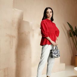 Casual Puff Sleeves Solid Women Red Top-image-8