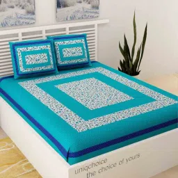 uniqchoice Turquoise Floral 120 TC 100% Cotton Queen Bedsheet With 2 Pillow Covers-picture-1