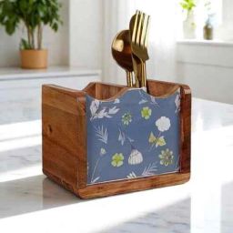 vareesha Hand-made Blue Floral Mango Wood Cutlery Holder-picture-6