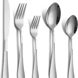 Sterling Silver Silverware Set | 5-Pcs Flatware With Unique Checks Print Handle Stainless Steel Cutlery Set-image-94