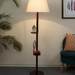 tu casa Amalia Off White Cotton and Acrylic Shade Shelf Floor Lamp With Mango wood Base-picture-29
