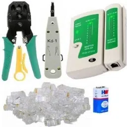 Inditrust Crimping Tool combo with Network LAN Cable Tester 60 RJ45 Connectors Cable tester Krone tool and Battery Combo Set-1