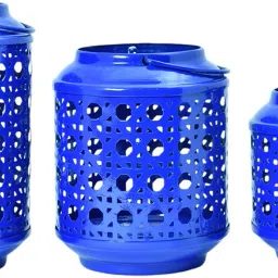 Elegant Jali Lantern Festivals Pack Of 3 Blue Iron Hanging Lantern-image-47