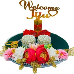 Welcome Jiju Thali Puja Tray for Wedding Platter with Welcome Ribbon Wood Decorative Platter-image-1