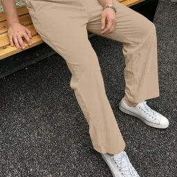 Men Loose Fit Beige Corduroy Trousers-image-14