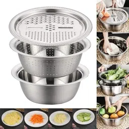 Stainless Steel Vegetable Bowl 3 in 1 Kitchen Multipurpose Kitchen Stainless Steel Bowl, Drain Basket,-image-61